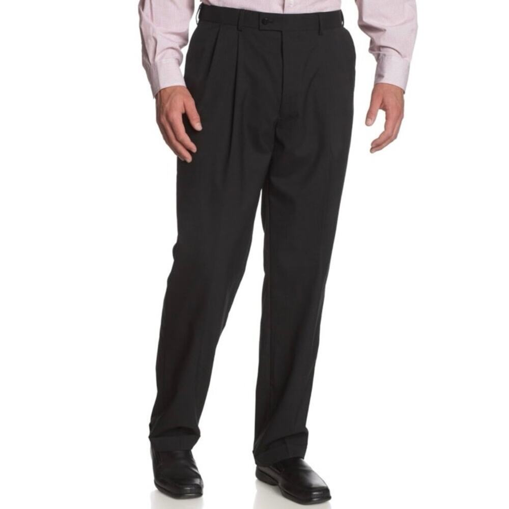 Louis Raphael Luxe Wool Pleated Dress Pants Hidden Waistband Black Classic 34x32